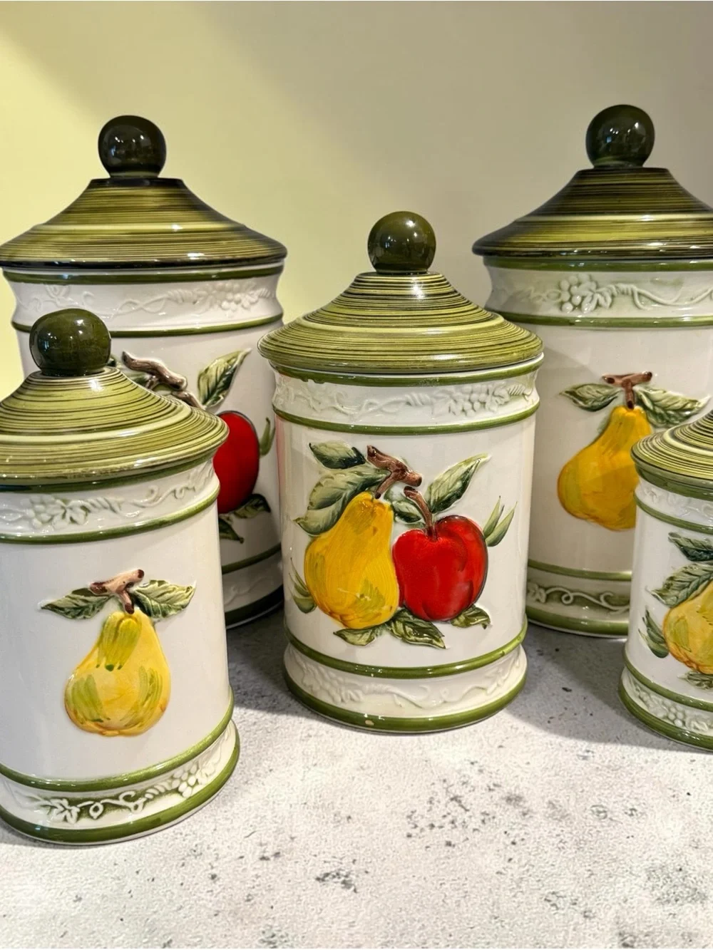 VTG MCM COMPLETE GRADUATED CANISTER SET (10 PCS) 3D FRUIT HAND PAINTED JAPAN